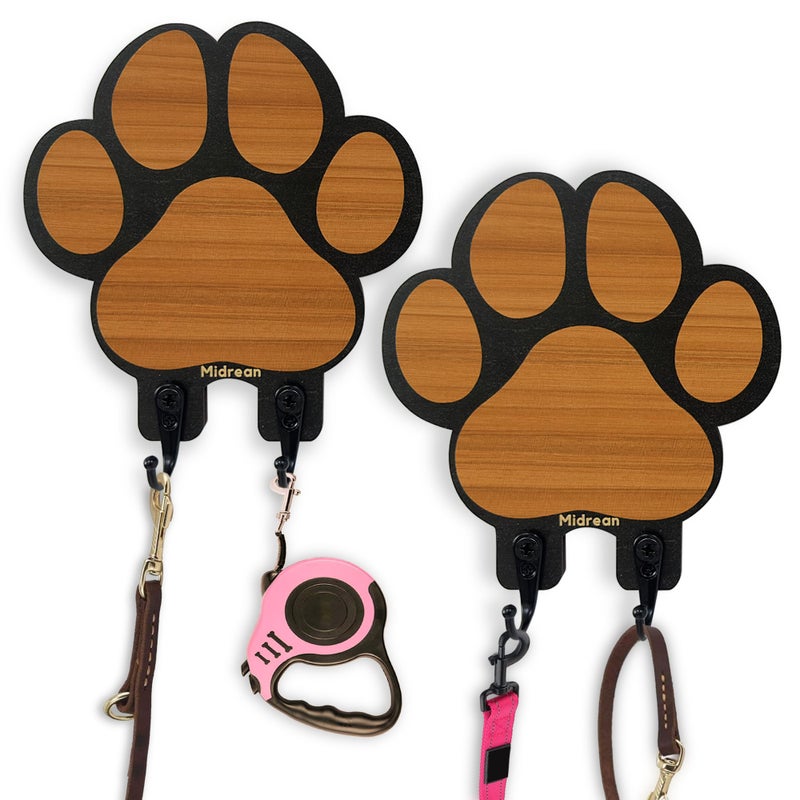 Midrean 2pcs Dog Leash Holder for Wall Mount Hanger HookFarmhouse Wooden Dog Paws Key Rack Accessories for Rustic Home Decor