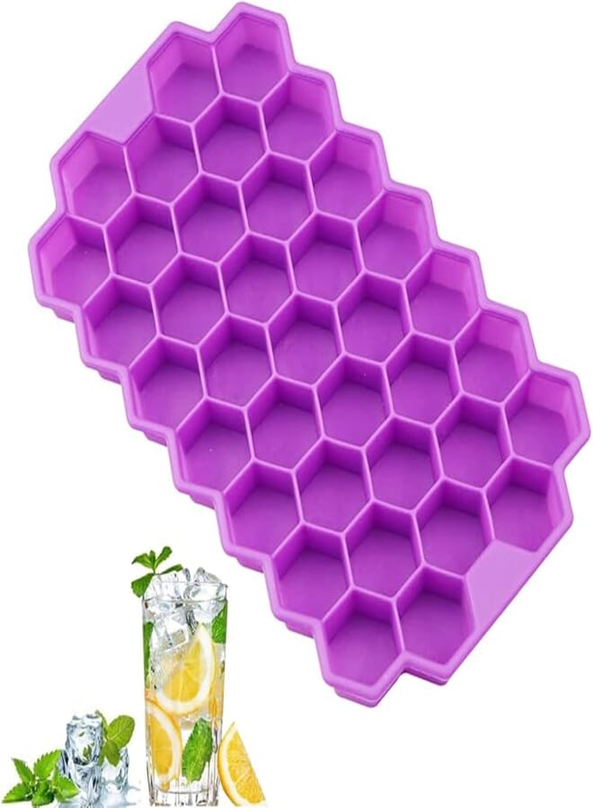 ECVV Silicone Flexible Ice Cube Trays with Lid, 37 Cubes Ice Trays for Chilled Drinks, Whiskey & Cocktails, Stackable honeycomb shape Safe Ice Cube Trays (Purple)