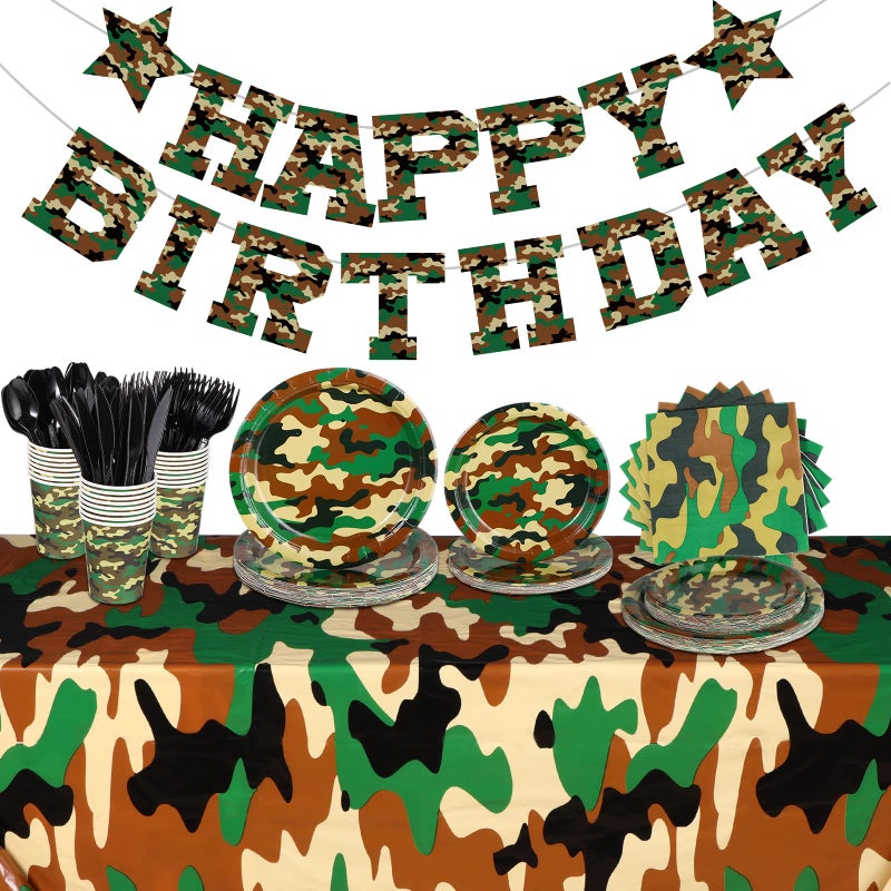 Rtteri 171 Pcs Camo Birthday Party Supplies Serves 24 Camouflage Themed Party Supplies Set with Camo Tablecloth Plates Napkins Cups Tableware Banner for Army Military Birthday Decorations - Image 2