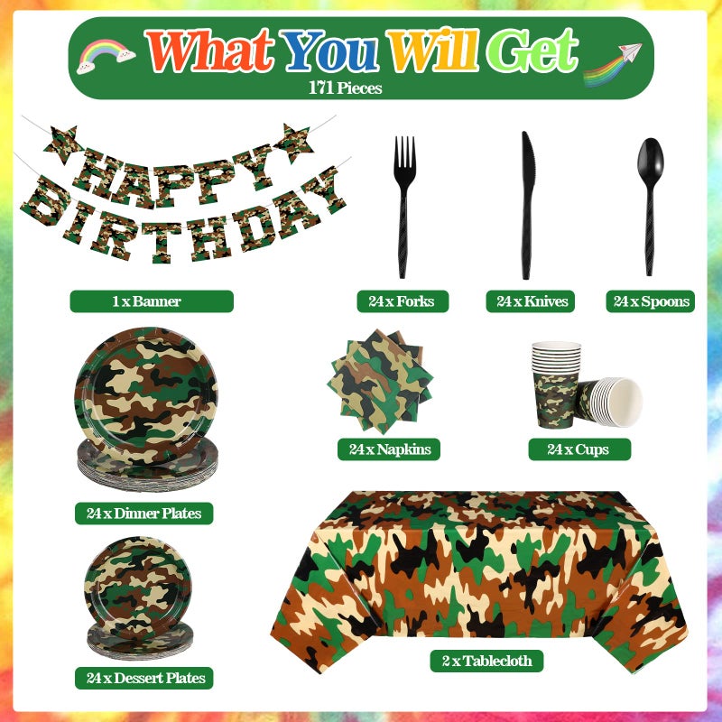 Rtteri 171 Pcs Camo Birthday Party Supplies Serves 24 Camouflage Themed Party Supplies Set with Camo Tablecloth Plates Napkins Cups Tableware Banner for Army Military Birthday Decorations - Image 3