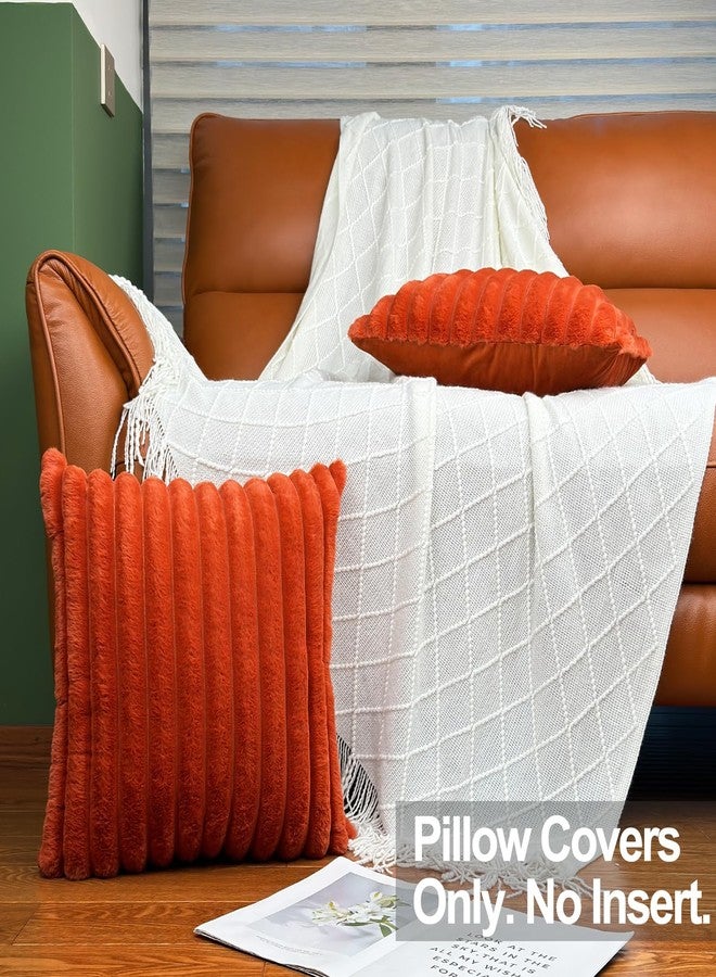 COTEY طقم أغطية وسائد زينة مقاس 18x18 بوصة (قطعتان)، أغطية من الفرو الصناعي المزخرف للسرير، غطاء وسادة ناعم ورقيق للأريكة مع ظهر مخملي لغرفة المعيشة، لمسة ديكور منزلي محايدة للأريكة - برتقالي محروق - Image 2