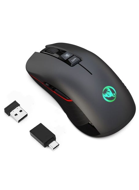 HXSJ T30 2.4GHz 8-key USB Rechargeable Colorful Glowing 3600DPI Four-speed Adjustable Wireless Optical Mute Gaming Mouse for Desktop Computers / Laptops, with USB-C / Type-C Adapter