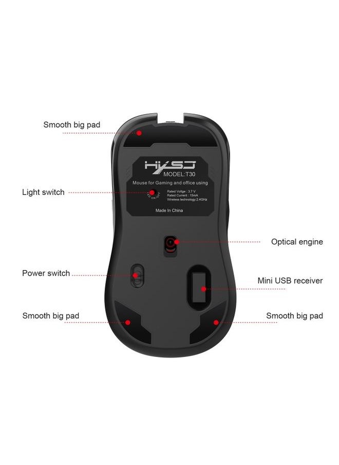HXSJ T30 2.4GHz 8-key USB Rechargeable Colorful Glowing 3600DPI Four-speed Adjustable Wireless Optical Mute Gaming Mouse for Desktop Computers / Laptops, with USB-C / Type-C Adapter