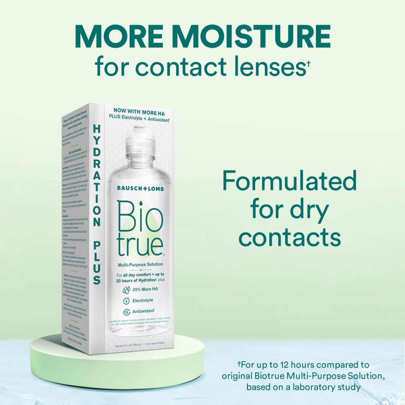 Biotrue محلول عدسات بيوترو هيدراشن بلس مع علبة العدسات، محلول متعدد الاستخدامات للعدسات اللينة، يرطب مع الهيالورونان، ينظف، يزيل الشوائب، ويعقم لراحة طوال اليوم، 10 أونصة سائلة (عبوة من 1) - Image 2