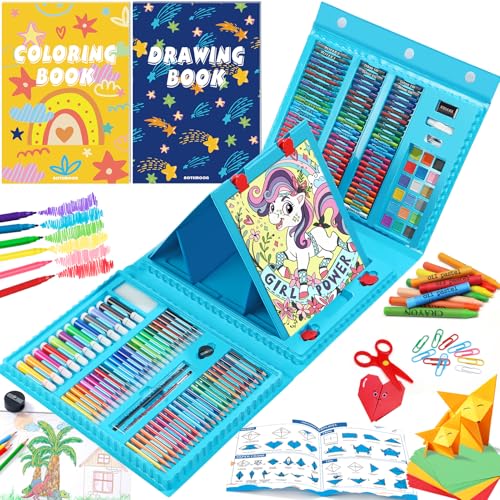 AOTEMOON All in One Art Supplies Art Kit Includes Origami PaperCutting Crafts Easel Colored Pencils Crayons Drawing Book Coloring Book Watercolor Markers and More Art Set for Kids Girls Boys Blue - Image 1