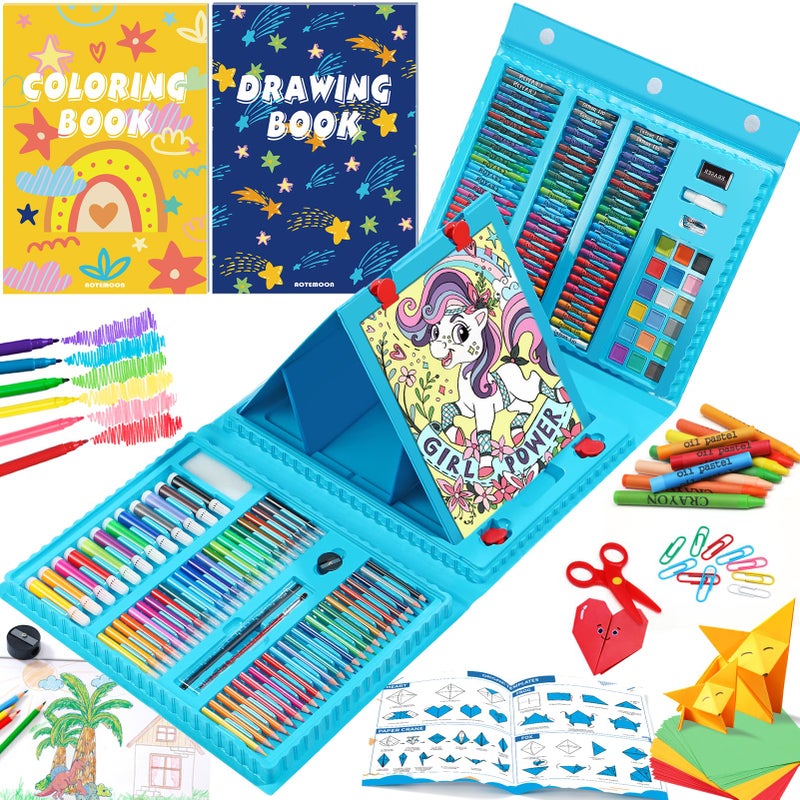AOTEMOON All in One Art Supplies Art Kit Includes Origami PaperCutting Crafts Easel Colored Pencils Crayons Drawing Book Coloring Book Watercolor Markers and More Art Set for Kids Girls Boys Blue - Image 2