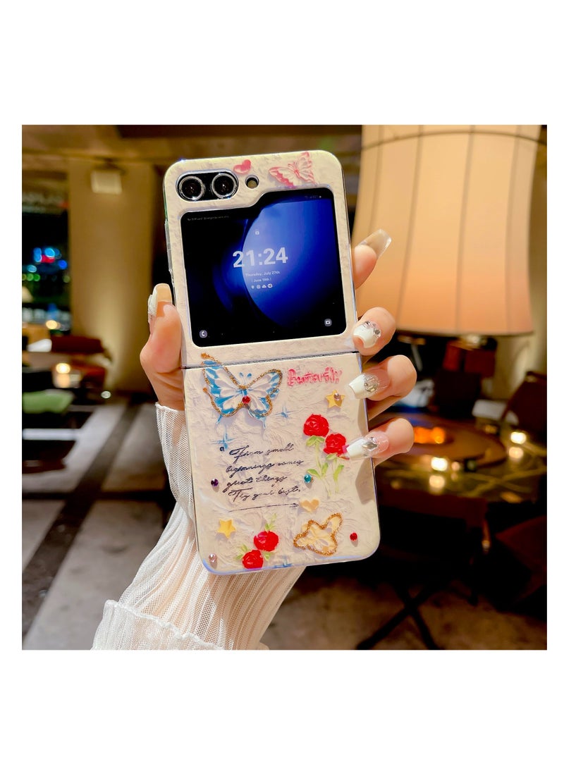 KASTWAVE For Samsung Galaxy Z Flip 5 Colorful Retro Oil Painting Printed Butterfly Laser Glossy Pattern Stylish TPU Protective Cover with Luxury Rhinestone for Girls Galaxy Z Flip 5 - Image 4