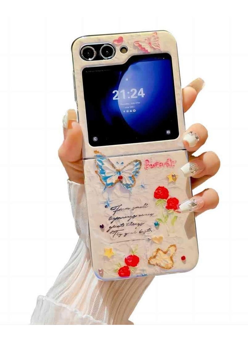 KASTWAVE For Samsung Galaxy Z Flip 5 Colorful Retro Oil Painting Printed Butterfly Laser Glossy Pattern Stylish TPU Protective Cover with Luxury Rhinestone for Girls Galaxy Z Flip 5 - Image 1
