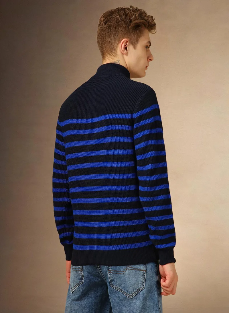Dennis Lingo Men's Navy 100% Acrylic Striped Regular Fit Sweater