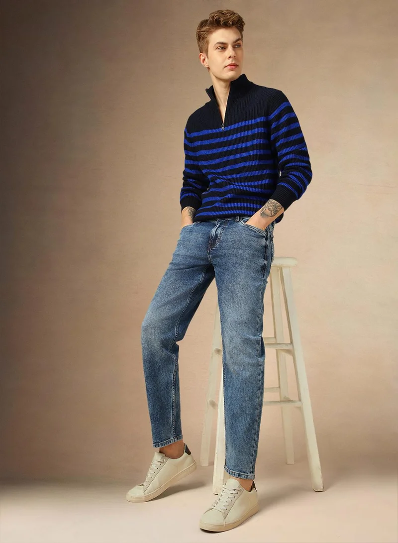 Dennis Lingo Men's Navy 100% Acrylic Striped Regular Fit Sweater