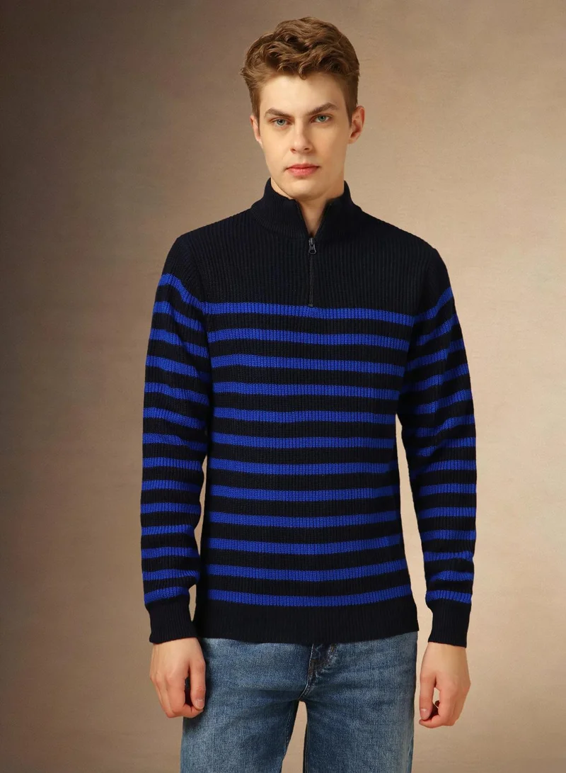 Dennis Lingo Men's Navy 100% Acrylic Striped Regular Fit Sweater