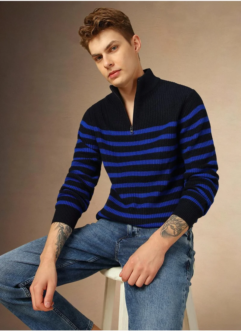 دينيس لينغو Men's Navy 100% Acrylic Striped Regular Fit Sweater