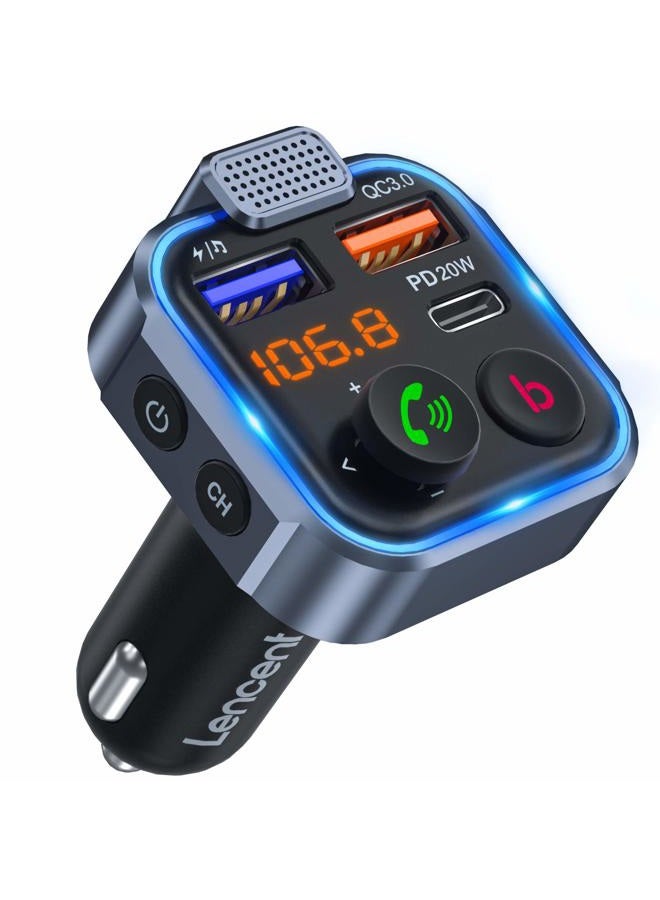 Lencent FM Transmitter in-Car Adapter, Type-C PD 20W+ QC3.0 Fast USB Charger, Wireless Bluetooth 5.3 Radio Car Kit, Hands-Free Calling, MP3 Player Receiver Hi Fi Bass, Support U Disk - Image 1