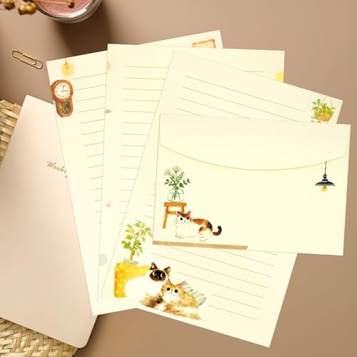 KSIWRE 36 PCS Writing Paper and Envelopes Set, Warm Cute Cat Themed Stationary Set Design for Invitations Gift Decorations Holiday Party, 24 Lined Stationery Paper with 12 Envelops - Image 3