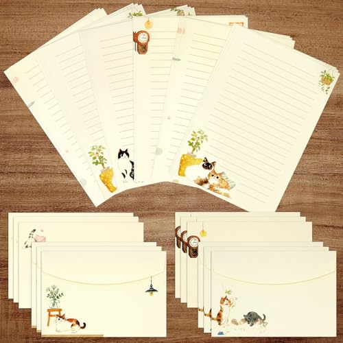 KSIWRE 36 PCS Writing Paper and Envelopes Set, Warm Cute Cat Themed Stationary Set Design for Invitations Gift Decorations Holiday Party, 24 Lined Stationery Paper with 12 Envelops - Image 1
