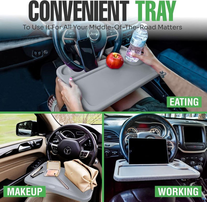 lebogner Steering Wheel Tray, Car Food Trays for Eating with Tablet Slot, Multipurpose Double-Sided Hook On Travel Auto Steering Wheel Desk Table for Laptop & Notebook with Cup Holder, Grey - Image 2