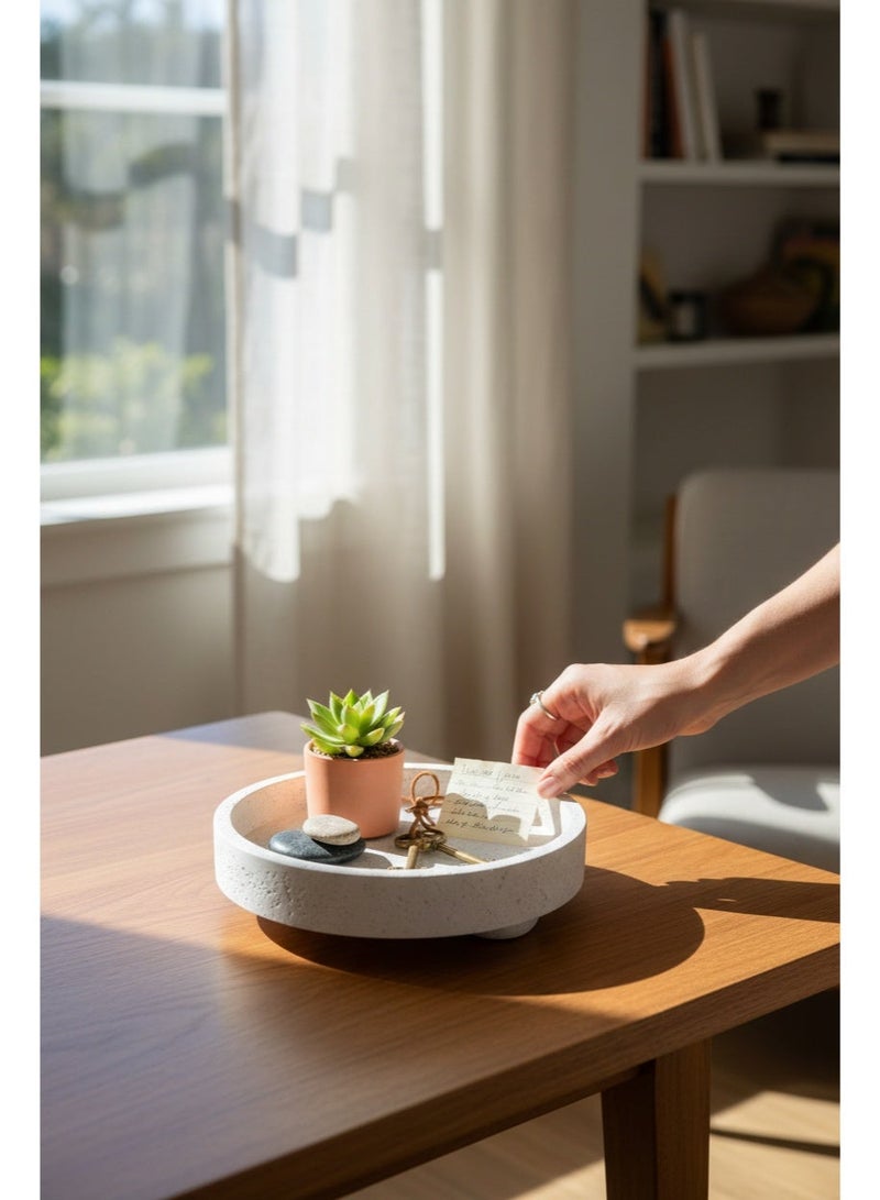 Decorative round tray inspired by travertine stone design with a raised base – 25 cm diameter - Image 1