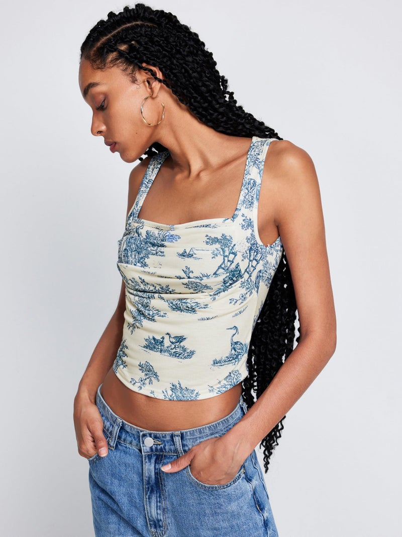CIDER Women's Square Neck Floral Tank Tops Going Out Crop Tops Summer Causal Outfit Baby Blue - Image 4