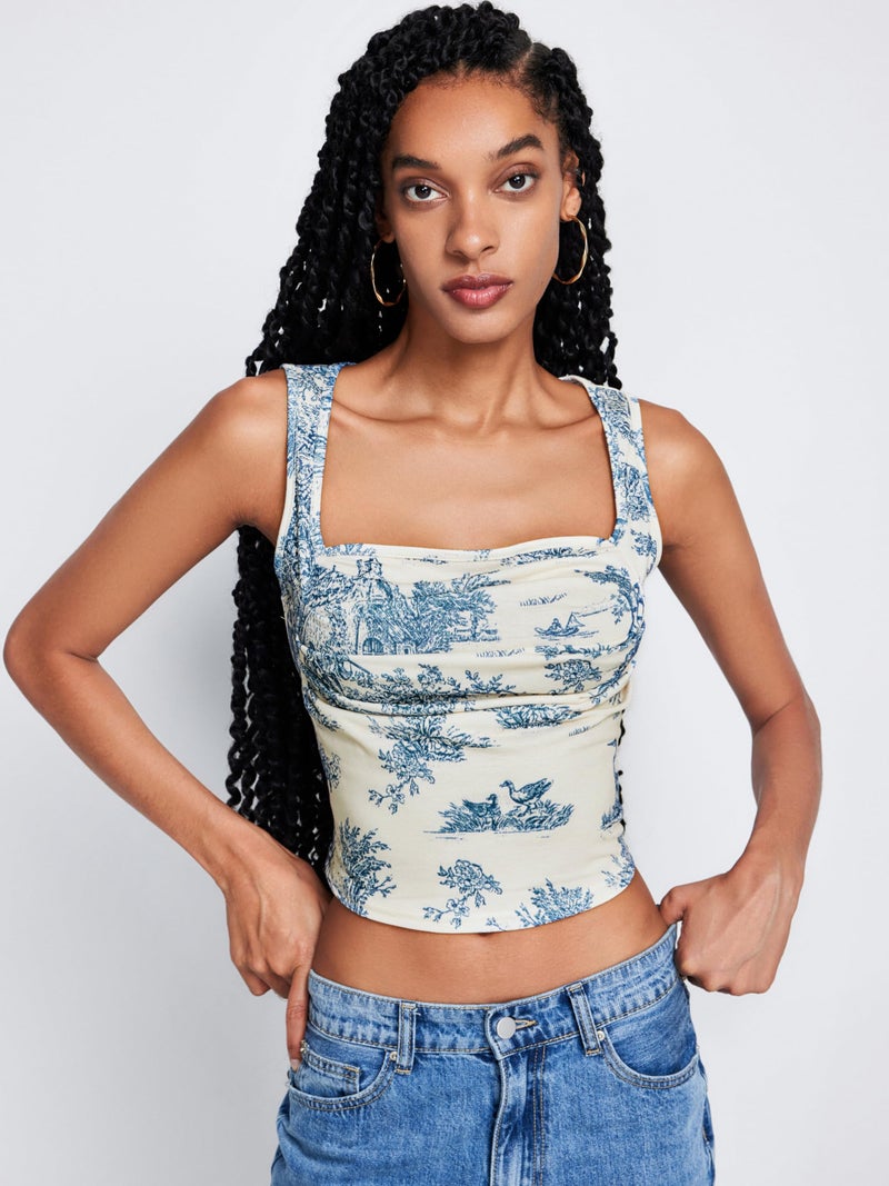 CIDER Women's Square Neck Floral Tank Tops Going Out Crop Tops Summer Causal Outfit Baby Blue - Image 2