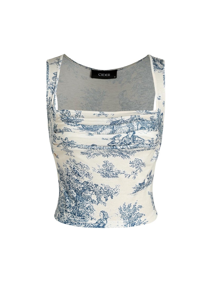 CIDER Women's Square Neck Floral Tank Tops Going Out Crop Tops Summer Causal Outfit Baby Blue - Image 1