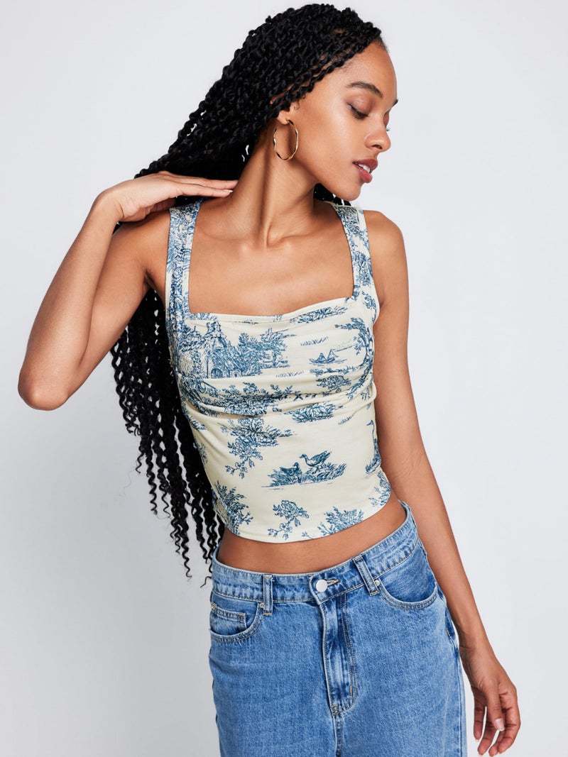 CIDER Women's Square Neck Floral Tank Tops Going Out Crop Tops Summer Causal Outfit Baby Blue - Image 3