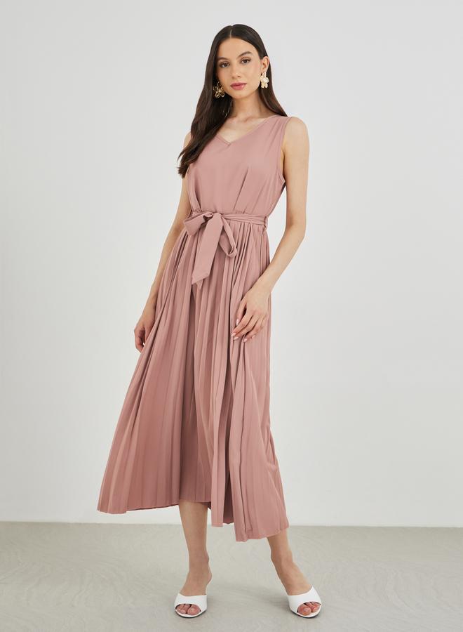 Take Two Solid Long Sleeve Kimono with Pleated Dress Set - Image 3