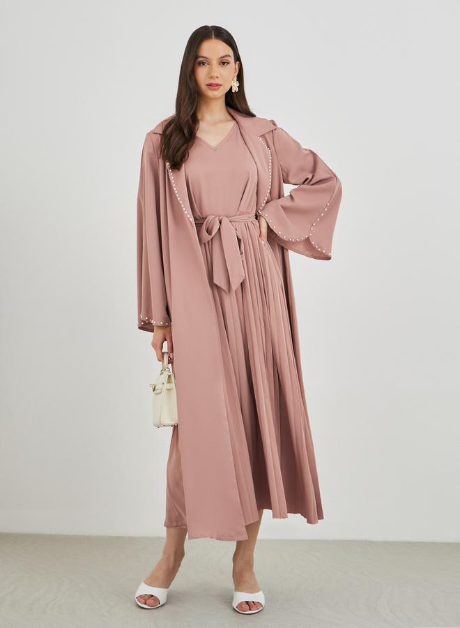 Take Two Solid Long Sleeve Kimono with Pleated Dress Set - Image 2