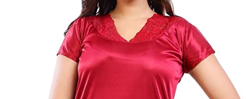 Fabme Women's Satin Solid Nighty Maroon - Image 5