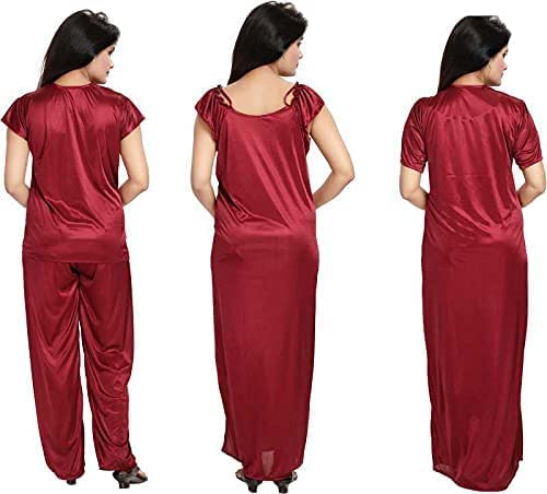 Fabme Women's Satin Solid Nighty Maroon - Image 2
