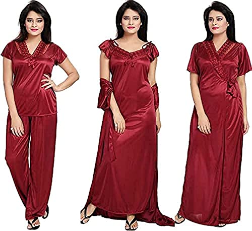 Fabme Women's Satin Solid Nighty Maroon - Image 1