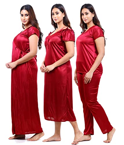 Fabme Women's Satin Solid Nighty Maroon - Image 3
