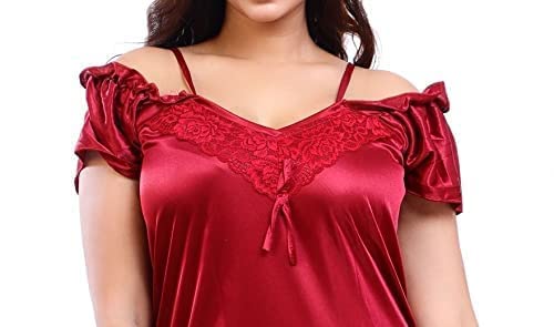 Fabme Women's Satin Solid Nighty Maroon - Image 4
