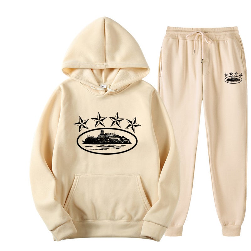 Cross-border Foreign Trade Corteiz Trendy Street Loose suit Womens Hip-hop Skateboard Five-pointed Star Magic Island Fashion Sweatshirt Khaki 