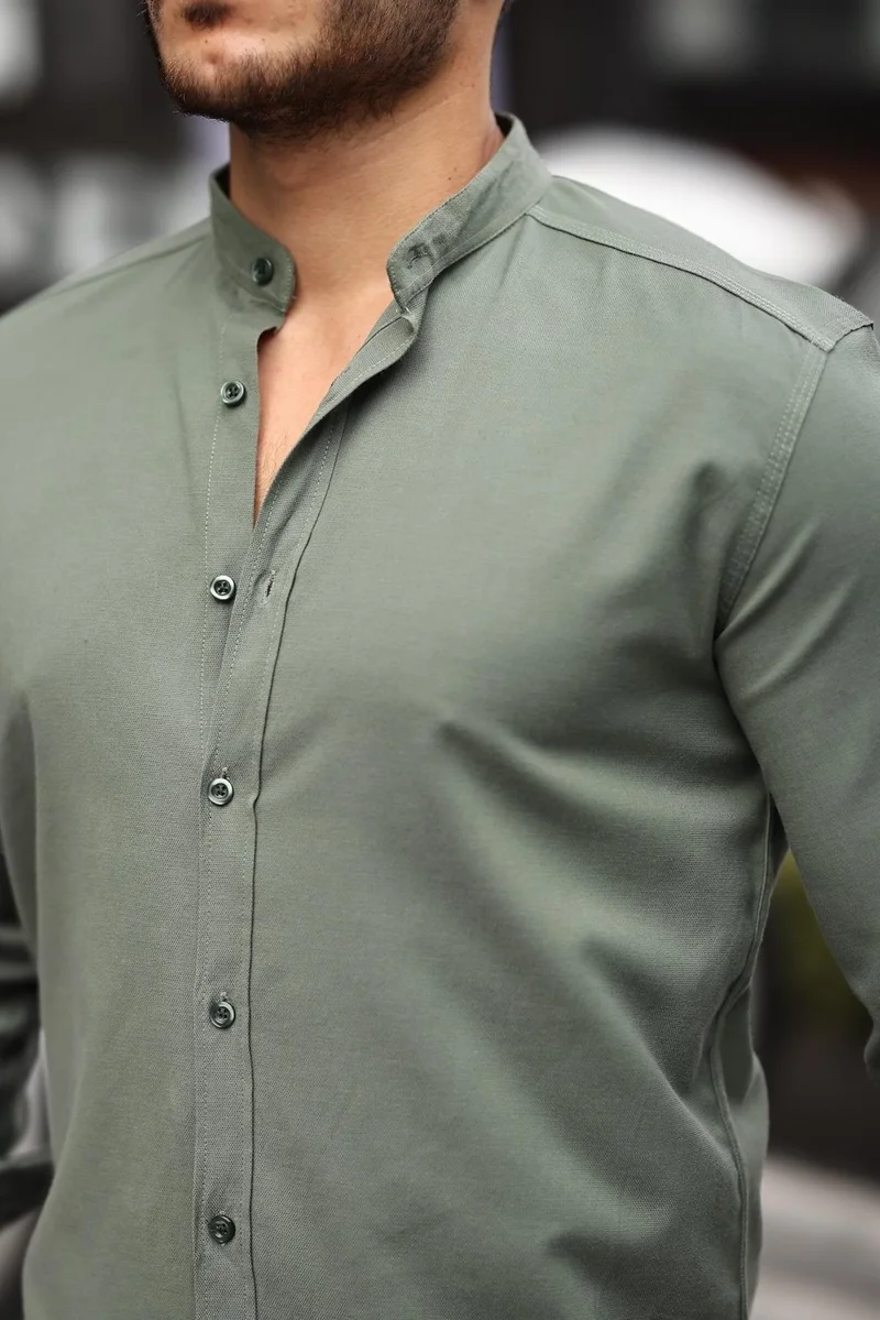 Valiberta Judge Collar Oxford Fabric Long Sleeve Shirt - Khaki