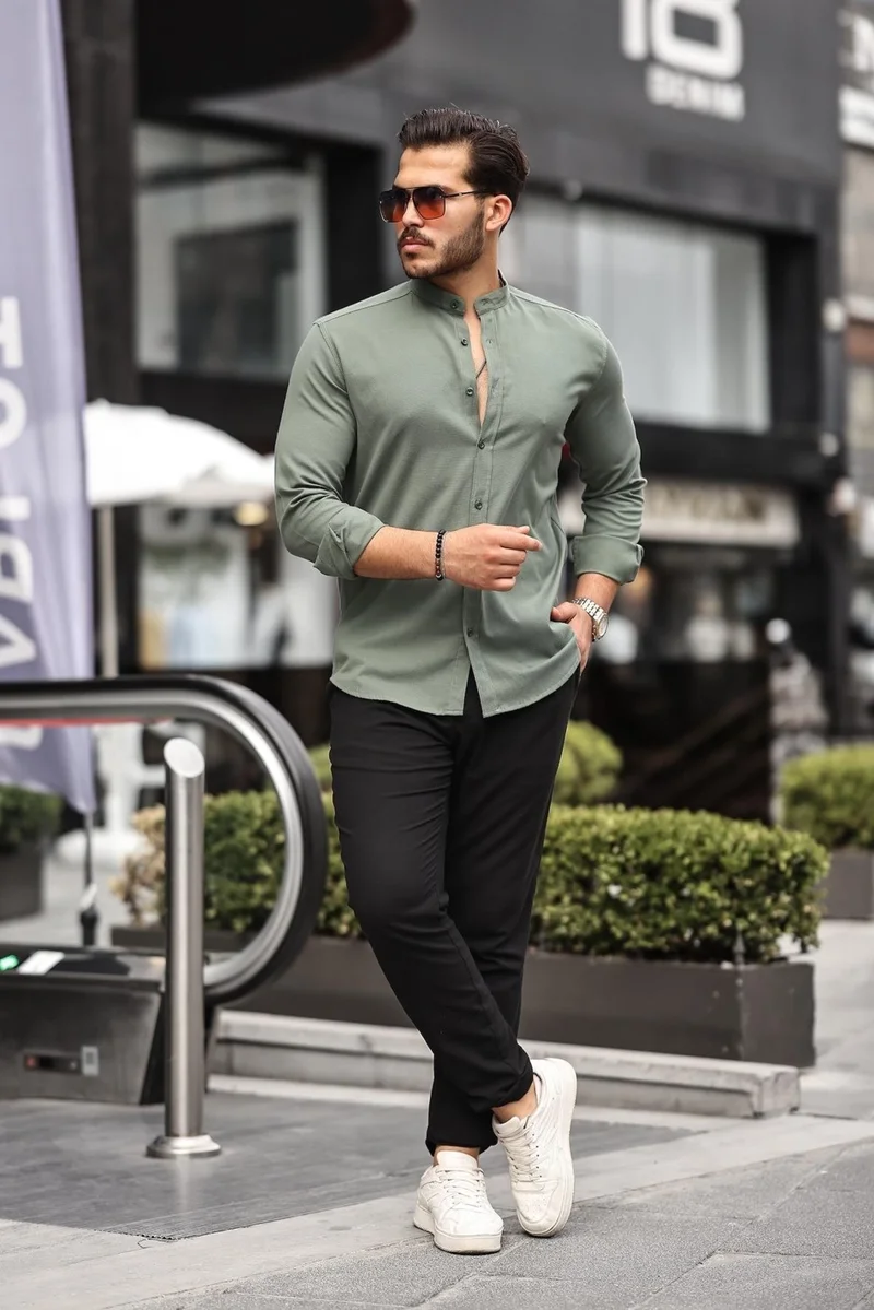 Valiberta Judge Collar Oxford Fabric Long Sleeve Shirt - Khaki