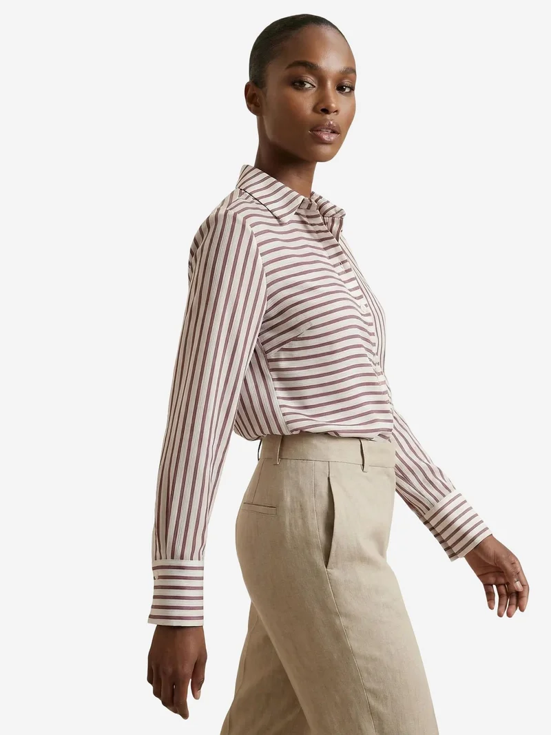 My Fashion Dusty Rose Pink MY FASHION Striped Long-Sleeve Button-Front Shirt for Women | Best Price UAE