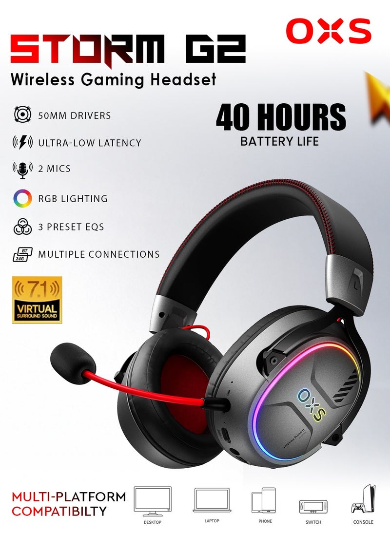 OXS AUDIO - OXS Storm G2 Wireless Gaming Headset, Over-Ear Gaming Headphones with 7.1 Virtual Surround Audio, 3 EQ Modes, Low Latency 2.4GHz, 50mm Driver, RGB Light, Bluetooth 5.3, Compatible with PC, Console, Mobile Phone, Black - Image 1