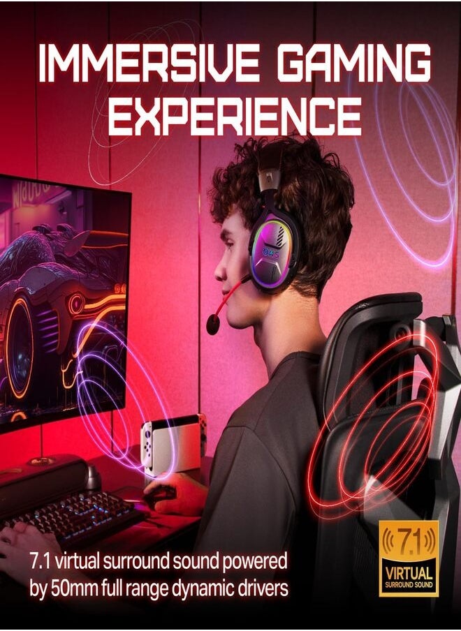 OXS AUDIO - OXS Storm G2 Wireless Gaming Headset, Over-Ear Gaming Headphones with 7.1 Virtual Surround Audio, 3 EQ Modes, Low Latency 2.4GHz, 50mm Driver, RGB Light, Bluetooth 5.3, Compatible with PC, Console, Mobile Phone, Black - Image 1