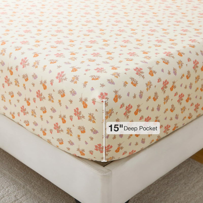 Viviland Floral Queen Sheet Set - 4 Piece Vintage Lavender Flower and Leaves Patterned Bed Sheets - Soft, Breathable Microfiber Sheets with Deep Pocket, Non-Slip Fitted Sheets & Pillowcases - Image 3