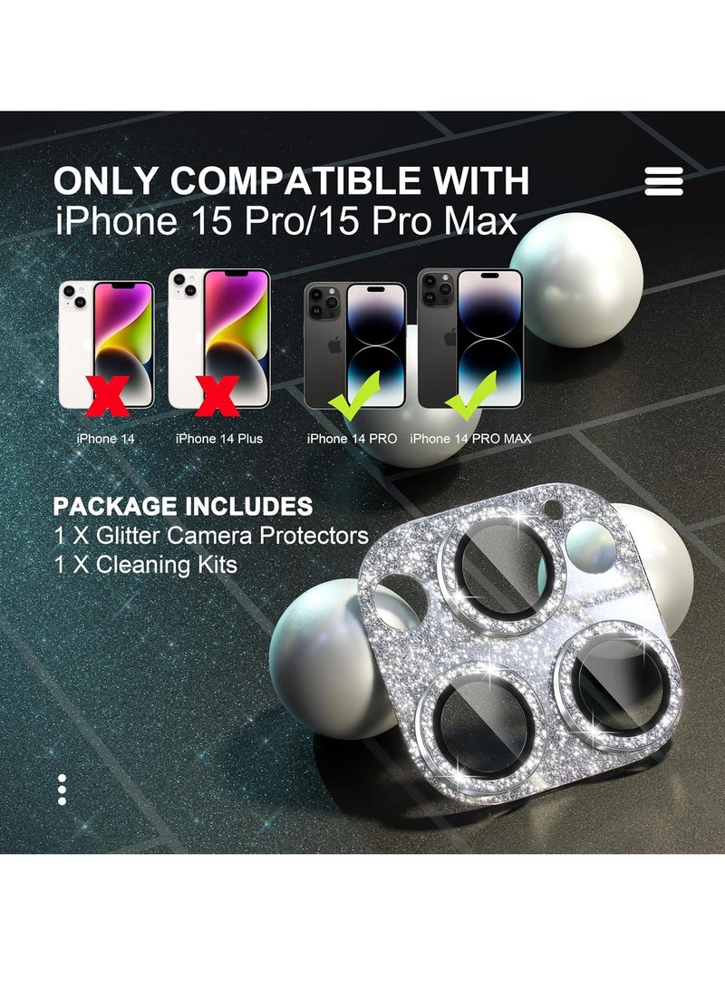 كيلا واقي عدسة الكاميرا متوافق مع iPhone 15 Pro/iPhone 15 Pro Max، غطاء كاميرا لامع مع واقي شاشة عدسة زجاج مقوى 9H مع حلقة معدنية وإكسسوارات تزيين (فضي لامع) - Image 2