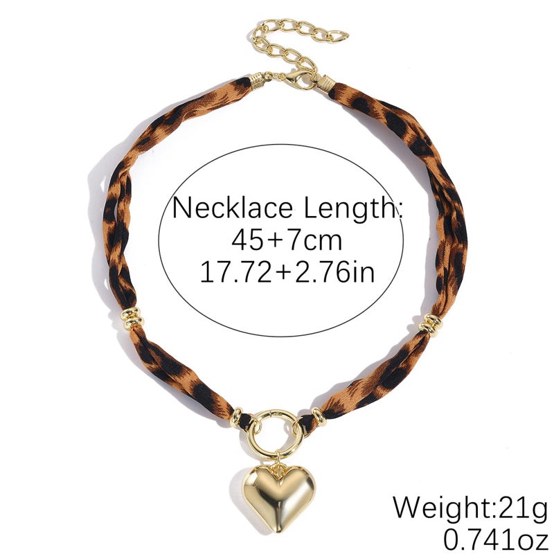 Lyfange Scarf Necklace with Charm Gold Chunky Heart Starfish Pendant Necklace Boho Satin Fabric Leopard Choker Necklaces Bohemian Summer Beach Holiday Jewelry (single heart B) - Image 3