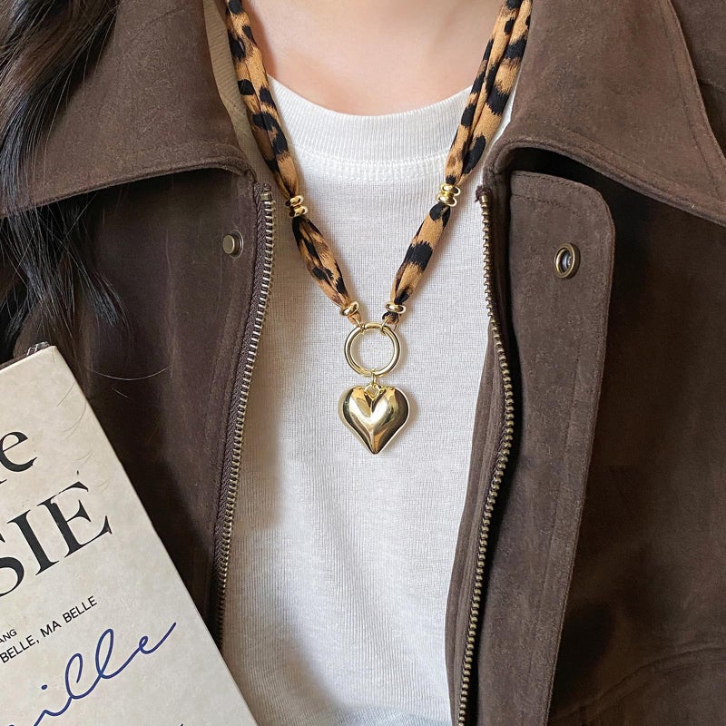 Lyfange Scarf Necklace with Charm Gold Chunky Heart Starfish Pendant Necklace Boho Satin Fabric Leopard Choker Necklaces Bohemian Summer Beach Holiday Jewelry (single heart B) - Image 2
