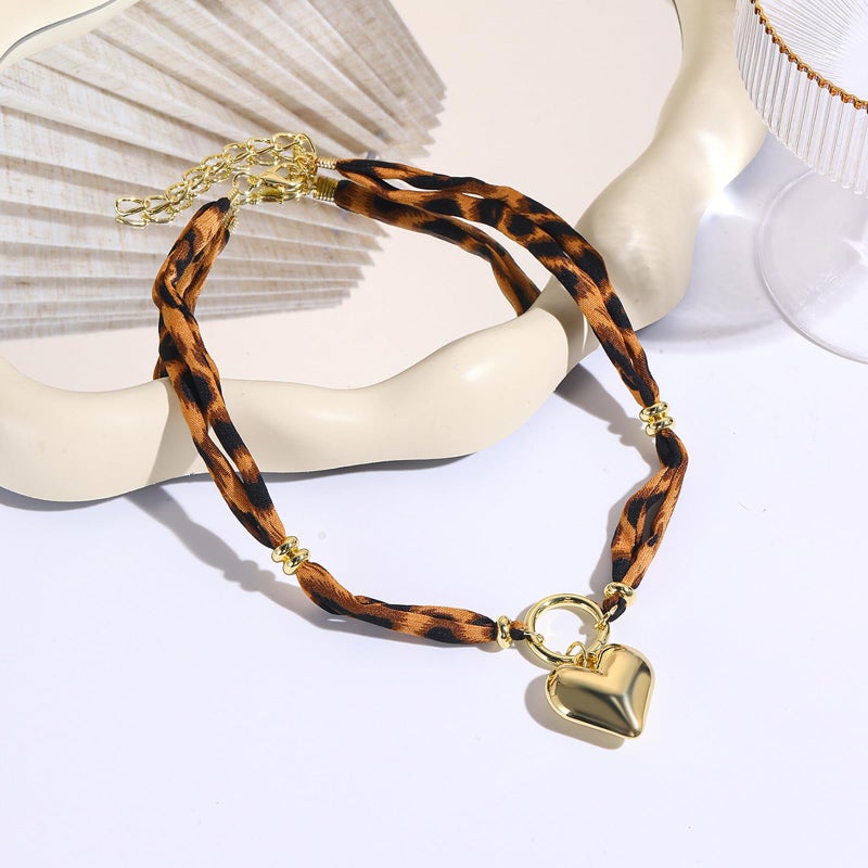 Lyfange Scarf Necklace with Charm Gold Chunky Heart Starfish Pendant Necklace Boho Satin Fabric Leopard Choker Necklaces Bohemian Summer Beach Holiday Jewelry (single heart B) - Image 4