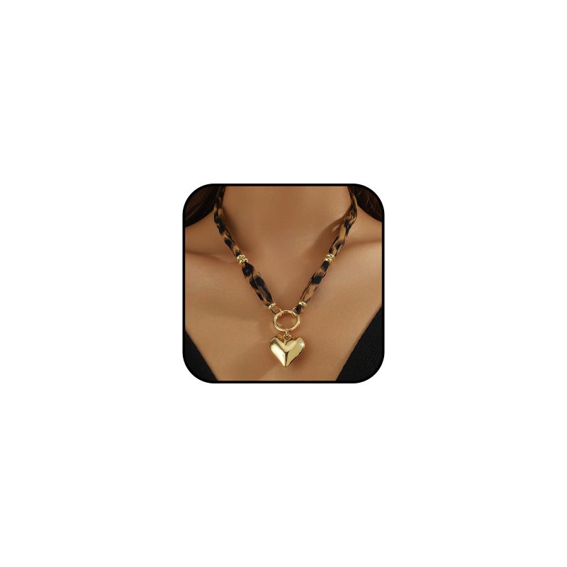 Lyfange Scarf Necklace with Charm Gold Chunky Heart Starfish Pendant Necklace Boho Satin Fabric Leopard Choker Necklaces Bohemian Summer Beach Holiday Jewelry (single heart B) - Image 1
