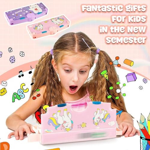 Royals hub Plastic Branded Unicorn Theme Magnetic Pencil Box For Kids, Space Pencil Box For Boys & Girls, Stationery Box, Buttons Operated Pencil Box For Kids (With Accessories), Pink - Image 4