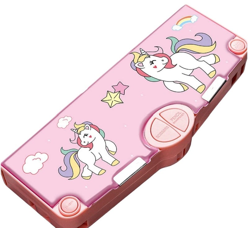 Royals hub Plastic Branded Unicorn Theme Magnetic Pencil Box For Kids, Space Pencil Box For Boys & Girls, Stationery Box, Buttons Operated Pencil Box For Kids (With Accessories), Pink - Image 1