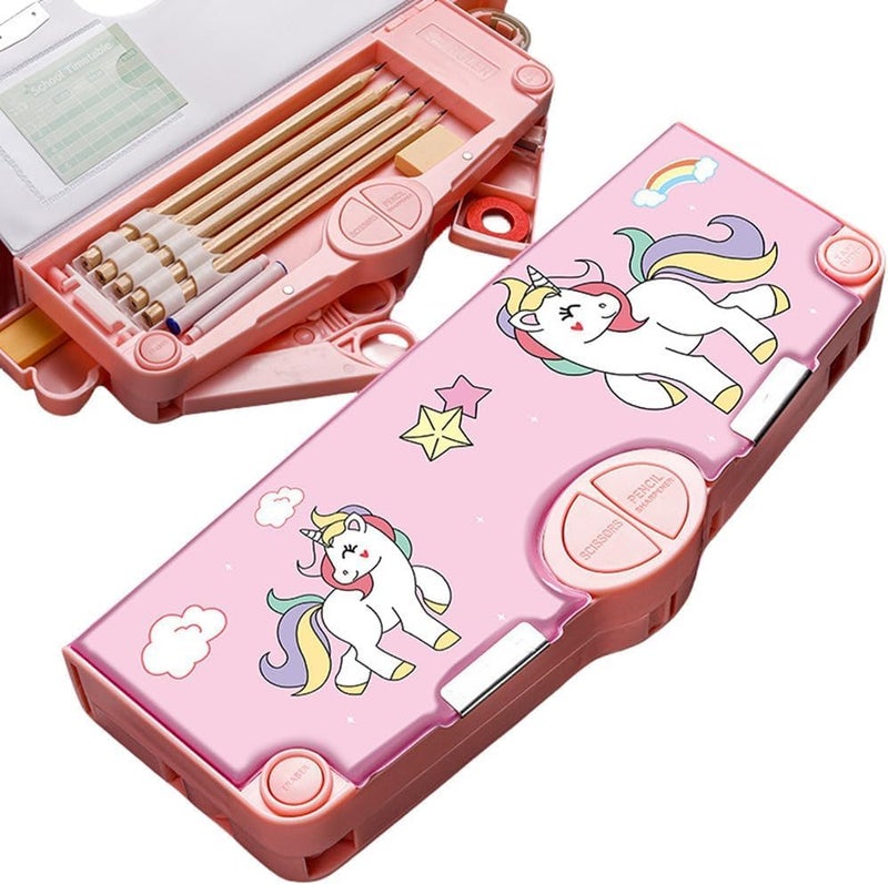 Royals hub Plastic Branded Unicorn Theme Magnetic Pencil Box For Kids, Space Pencil Box For Boys & Girls, Stationery Box, Buttons Operated Pencil Box For Kids (With Accessories), Pink - Image 2