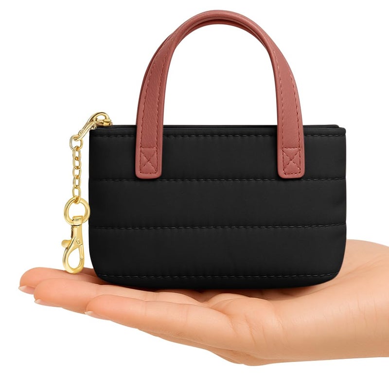 MyfavoriteK Mini Puffer Tote Bag Keychain Puffy Purse Keyring with Gold Heart Charm Cute Bag Charm Gift for Women Girls Teens Key Ring (Black) - Image 1