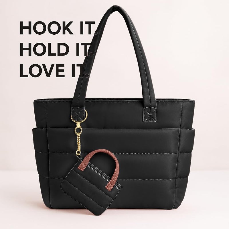 MyfavoriteK Mini Puffer Tote Bag Keychain Puffy Purse Keyring with Gold Heart Charm Cute Bag Charm Gift for Women Girls Teens Key Ring (Black) - Image 4