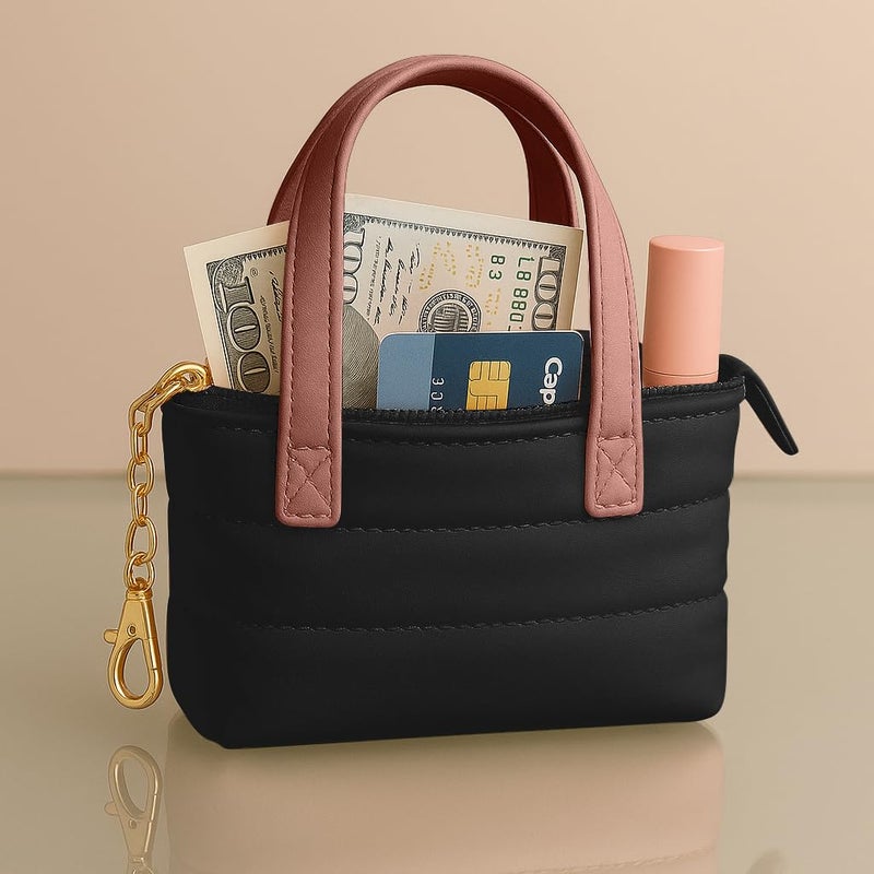 MyfavoriteK Mini Puffer Tote Bag Keychain Puffy Purse Keyring with Gold Heart Charm Cute Bag Charm Gift for Women Girls Teens Key Ring (Black) - Image 2